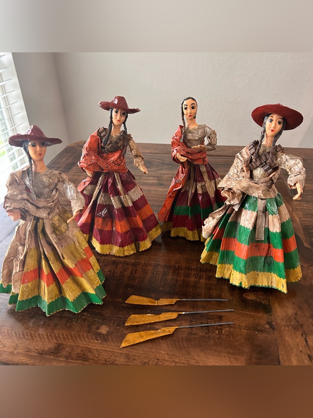 Set 4 Vintage Mexican Folk Art Paper Mache doll Sculptures Military Bullet Belts